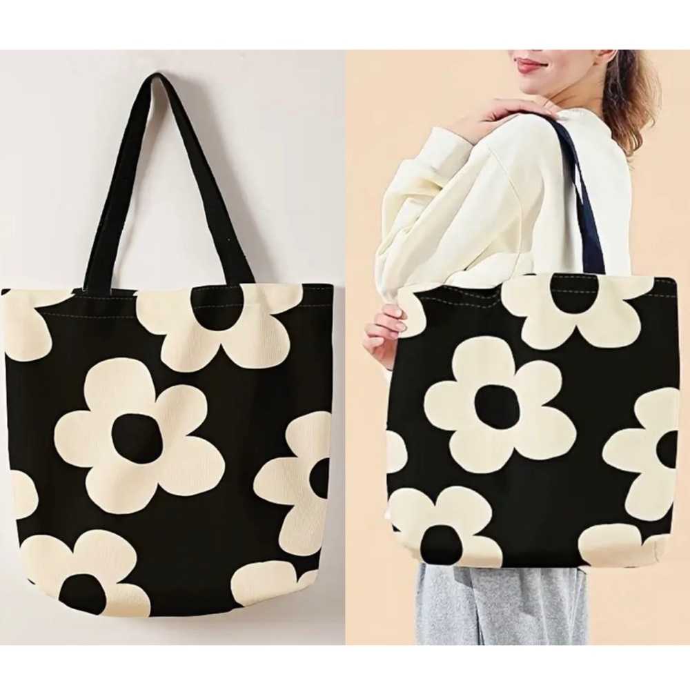 NEW Floral Print Black & Cream Tote Bag Large Shoulder Bag